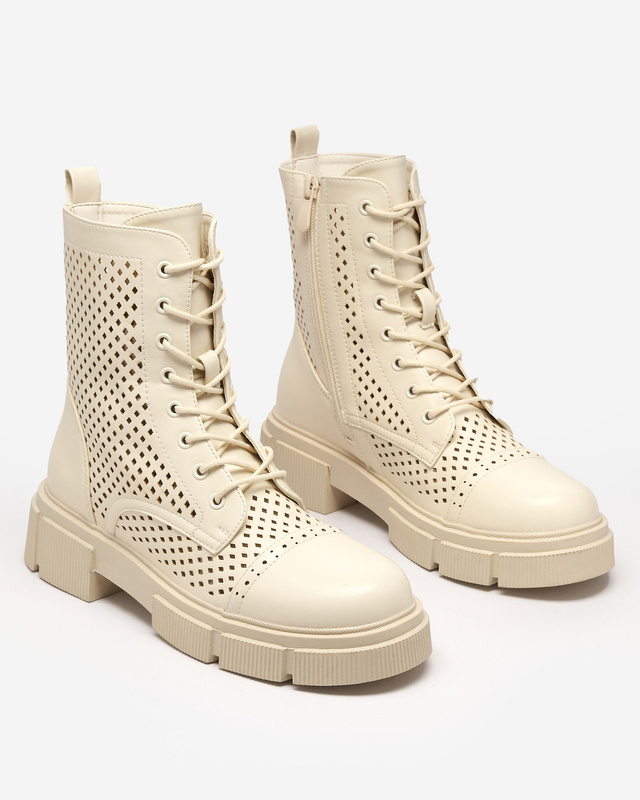 Resti Openwork beige women&#039;s boots with flat heels Rolika - Footwear