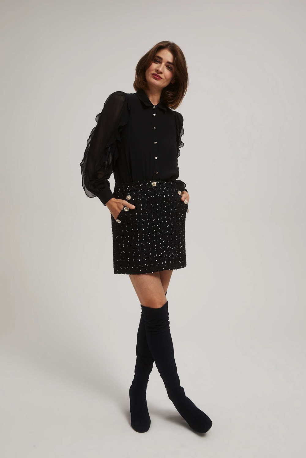 Marisse Tweed-Style Skirt With Decorative Buttons, Black