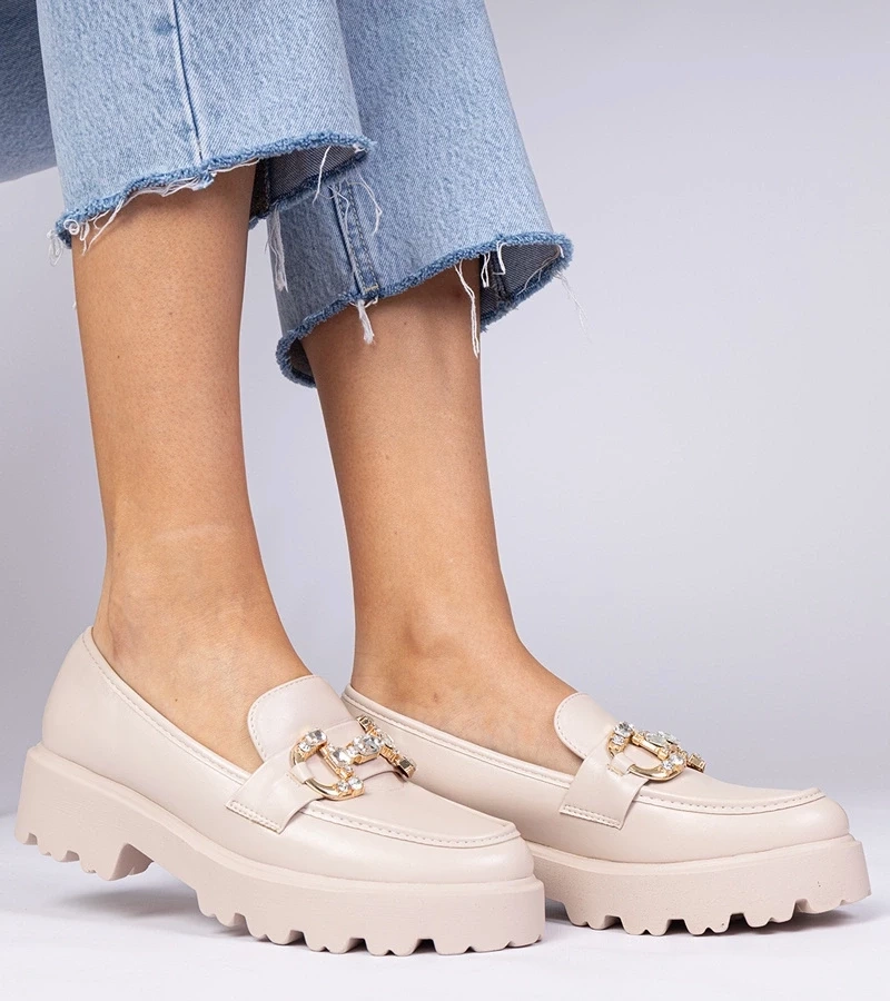 marka niezdefiniowana Beige elegant moccasins with rhinestones Zelda