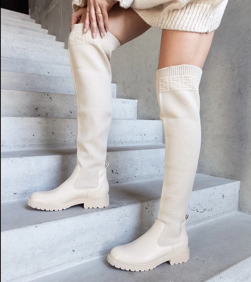 Gemre Cizme lungi bej cu gambă elastică Juanra