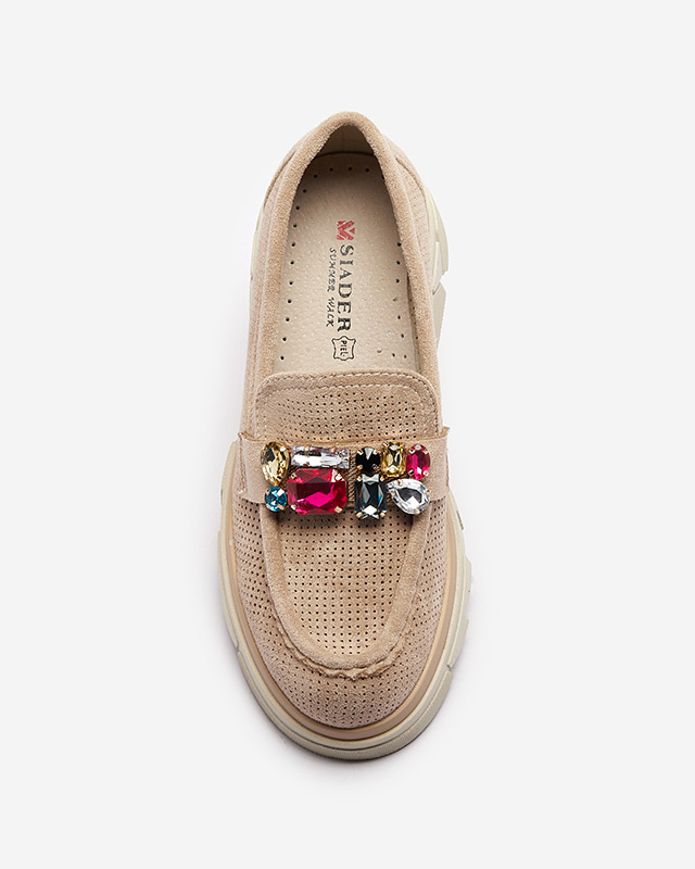 Resti Light brown openwork women&#039;s moccasins with ornament Bokkso- Footwear