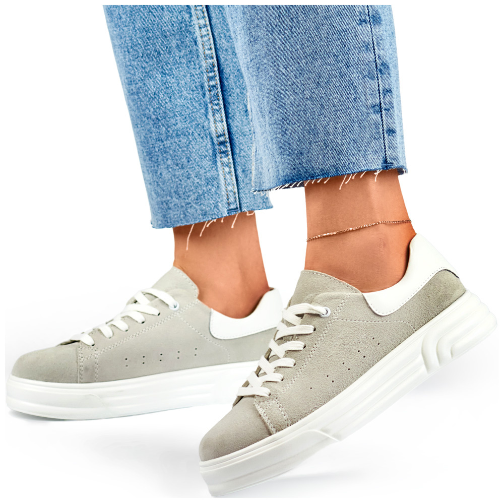 primohurt Skórzane buty damskie na płaskiej podeszwie szare