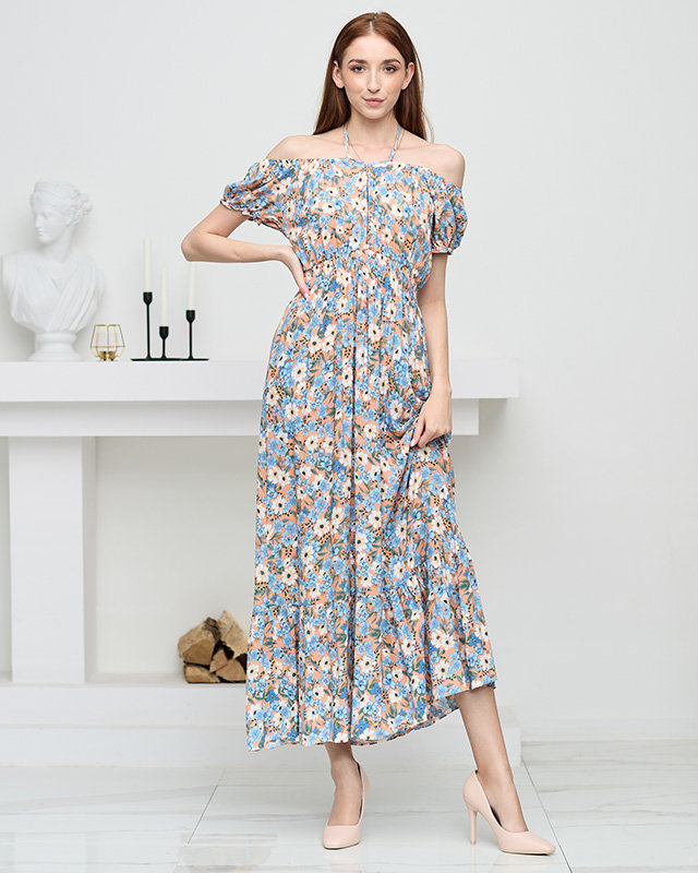 Resti Long orange summer dress for women with blue flowers - Clothing