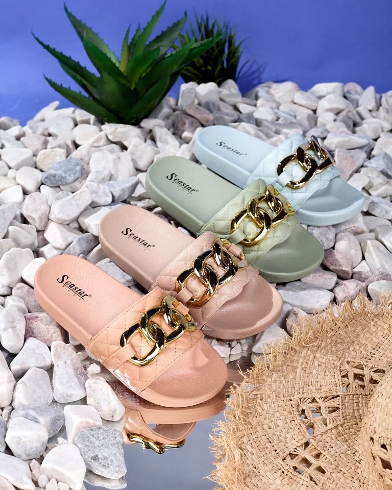 Resti Blue women's quilted slippers with a gold chain Eteris - Footwear