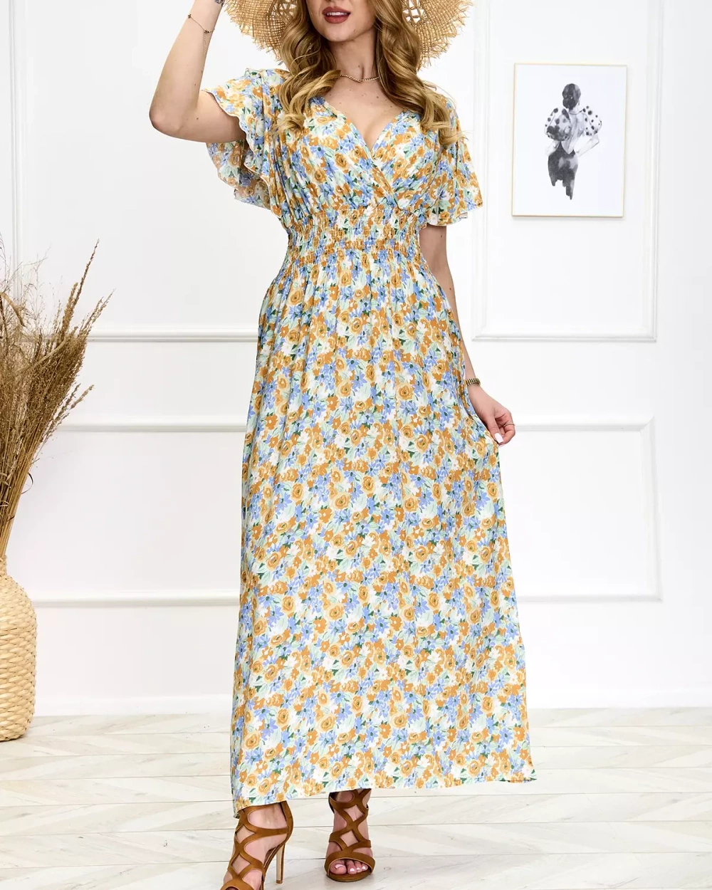 Resti Blue and yellow women's floral midi dress - Shoes