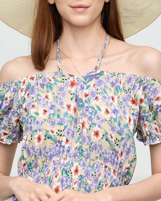 Resti Long summer green dress for women with purple flowers - Clothing