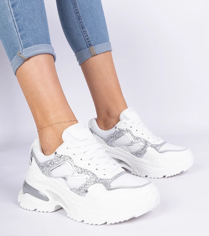 Gemre Adidași albi de damă decorați cu sclipici Sandoria