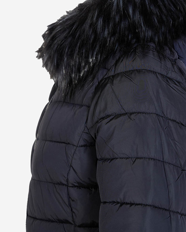 Resti Navy blue women's quilted jacket with hood and fur- Clothing