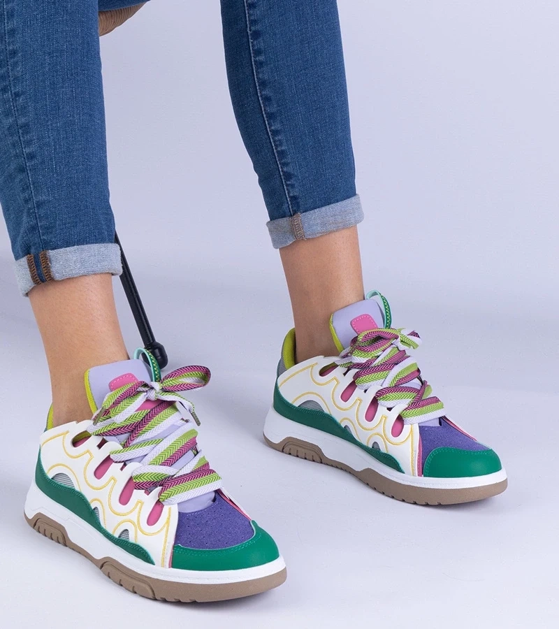 marka niezdefiniowana Green women's sneakers with decorative laces Grejs