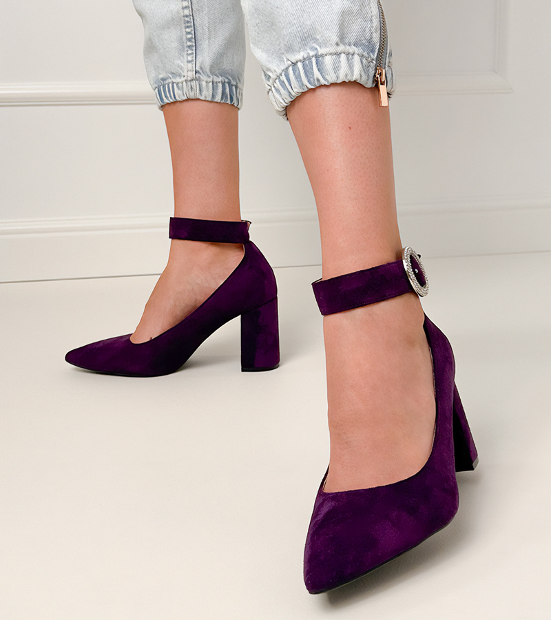 marka niezdefiniowana Pantofi mov cu toc gros, cu cataramă și pietre Vellus