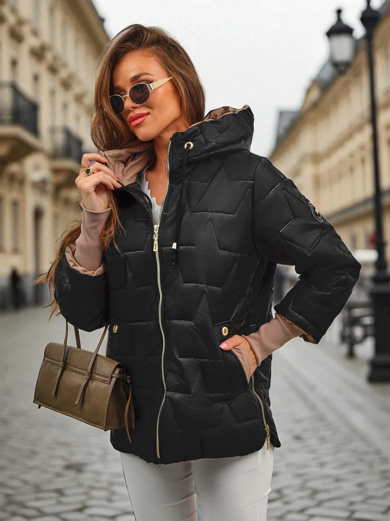 Resti Women&#039;s Quilted Jacket with Hood and Cuffs on Sleeves Stone Hollow