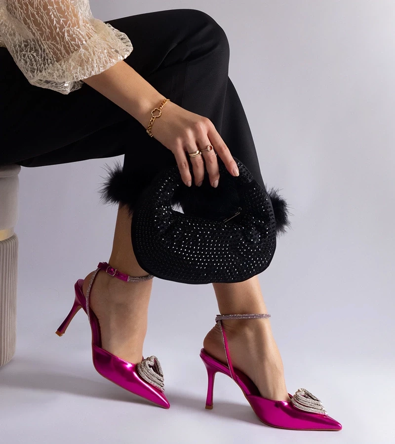 Gemre Pantofi roz cu toc cui cu călcâi decupat decorați cu zirconii Isoda