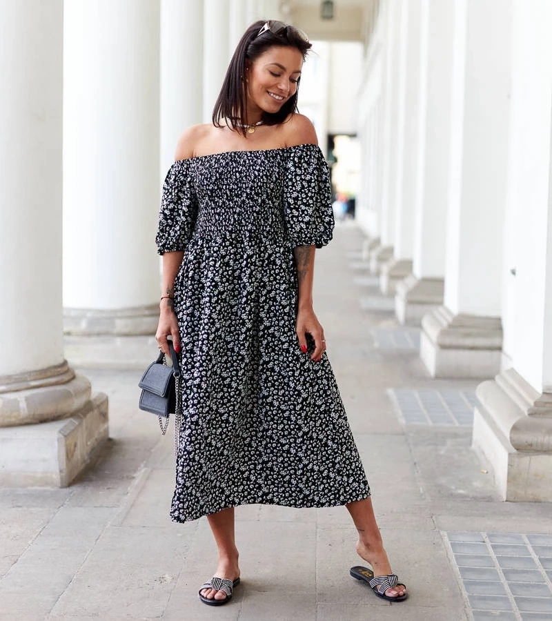 Gemre Rochie midi neagră cu flori de Castiglione