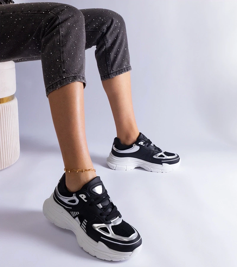 Gemre Adidași negri de damă cu inserții argintii Gaytan