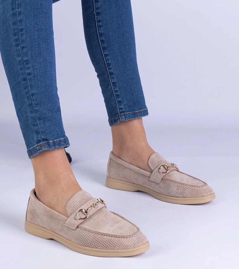 marka niezdefiniowana Brown eco-suede loafers with decorative perforation and gold embellishment Versatto