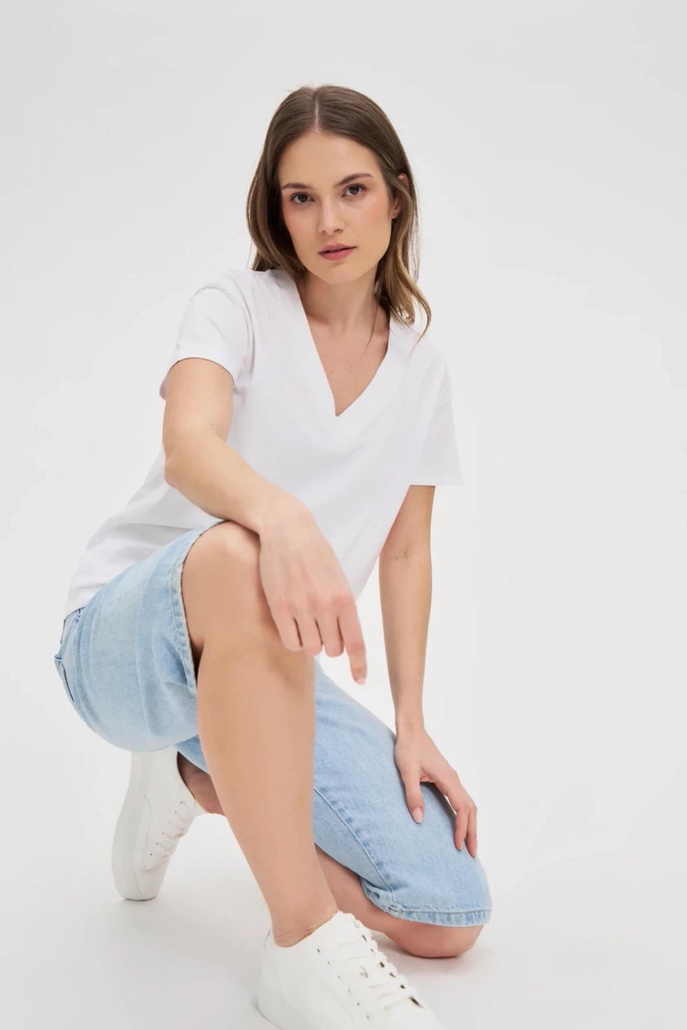 Marisse White Cotton V-Neck T-Shirt