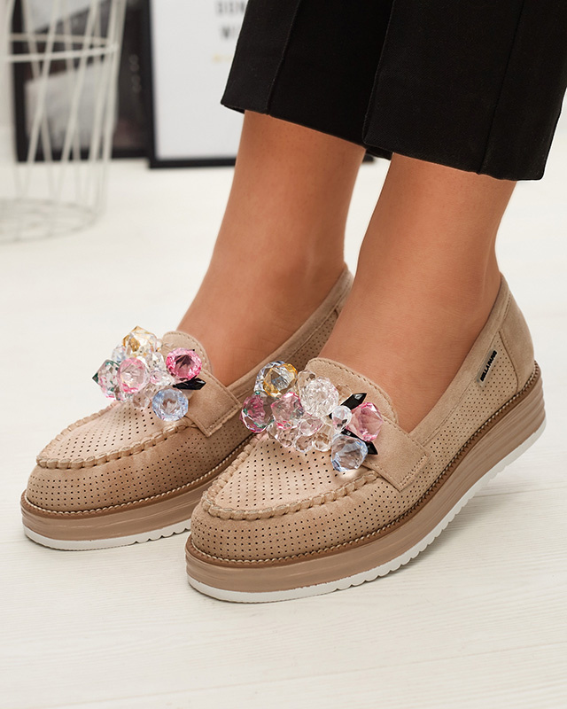 Resti Light brown women&#039;s moccasins with decorative crystals Liscutio- Footwear
