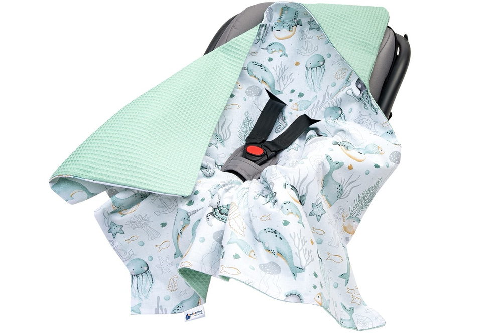 Medi Partners Baby carrier wrap – blanket with hood 85x85 cm – Waffle – Ocean + mint Waffle