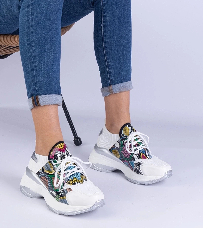 marka niezdefiniowana White women's sports sneakers with colorful print Fatih