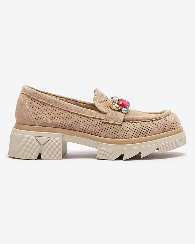 Resti Light brown openwork women&#039;s moccasins with ornament Bokkso- Footwear