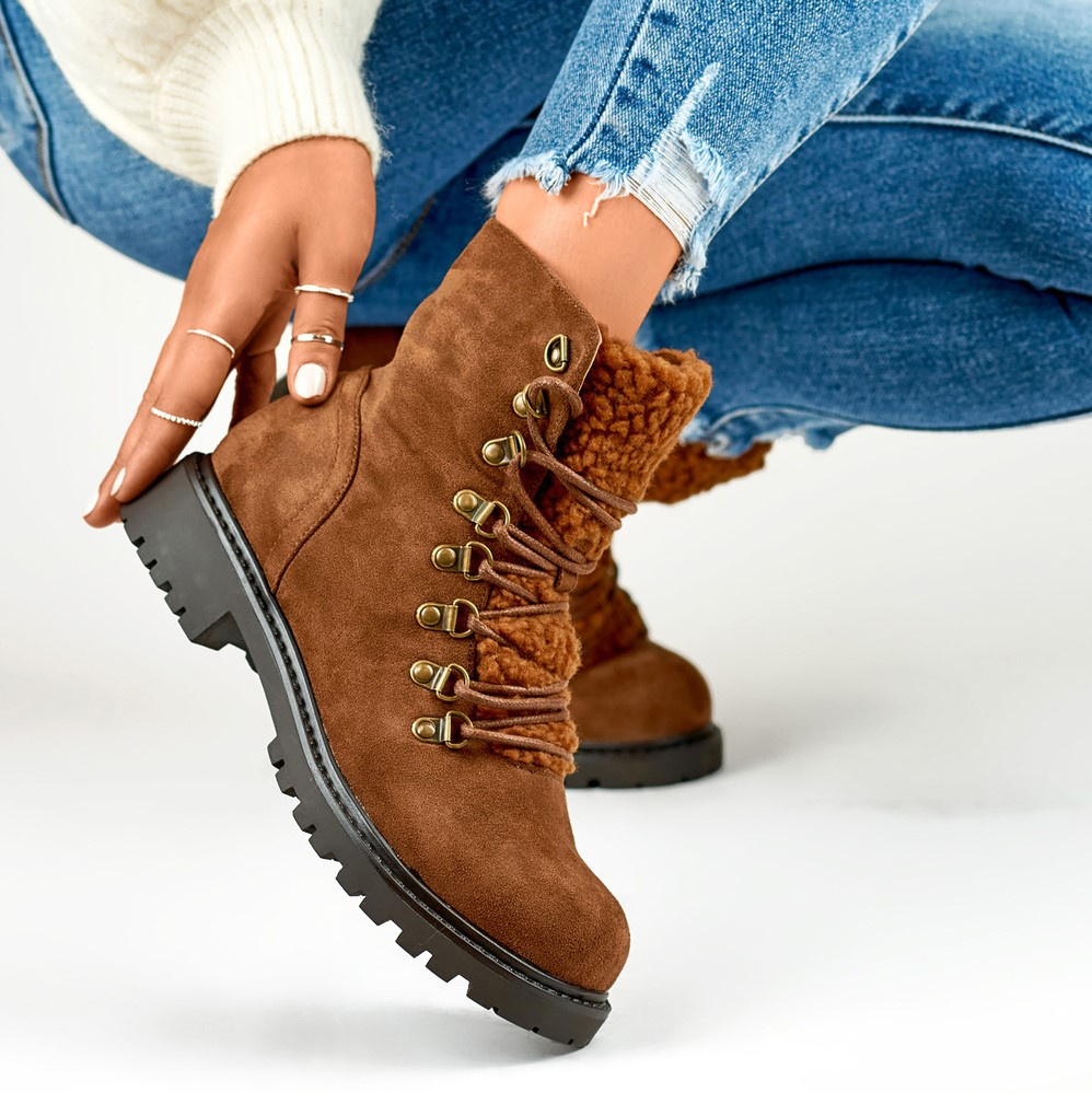 primohurt Ciepłe brązowe wiązane botki damskie
