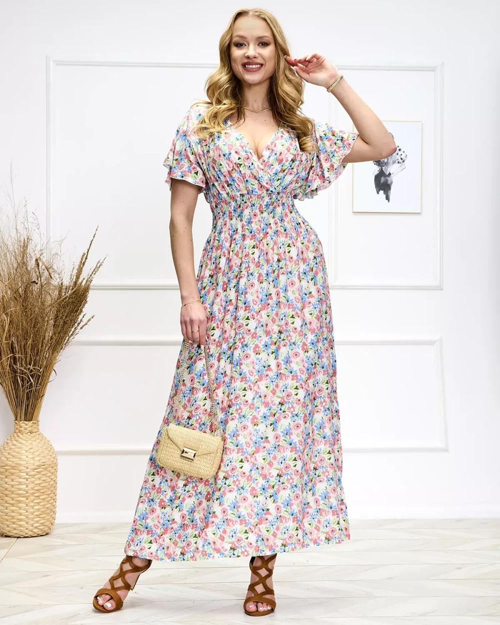 Resti Pink-green women's floral midi dress - Shoes