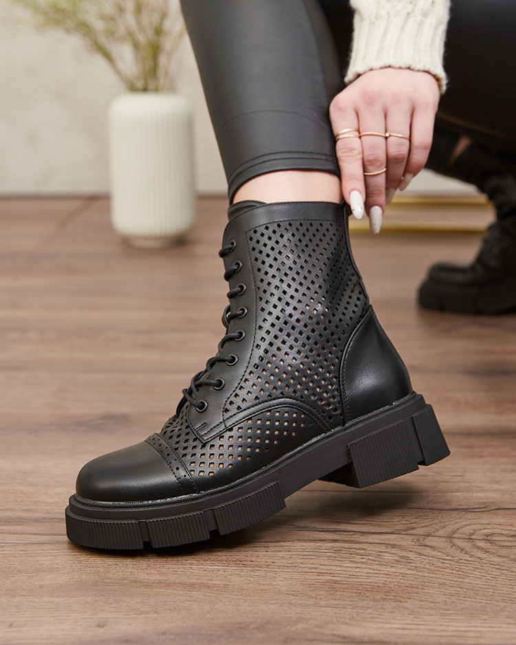 Resti Women&#039;s black openwork ankle boots with a flat heel Rolika - Footwear