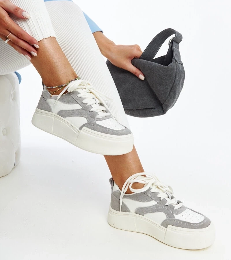 Gemre Adidași de piele gri-alb pe talpă groasă Kawthar