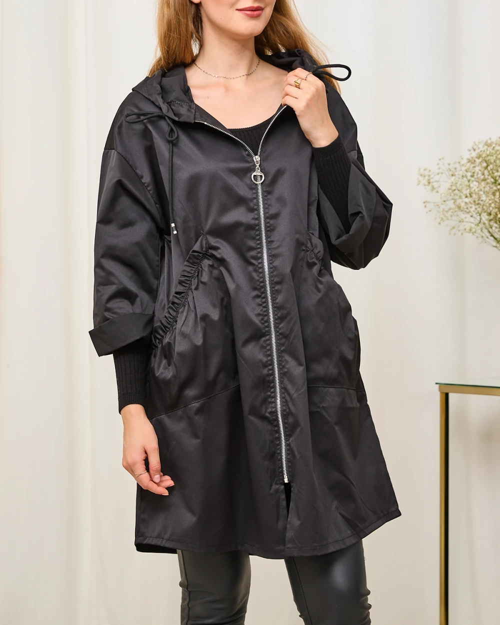 Resti Black women's coat jacket with hood- Clothing
