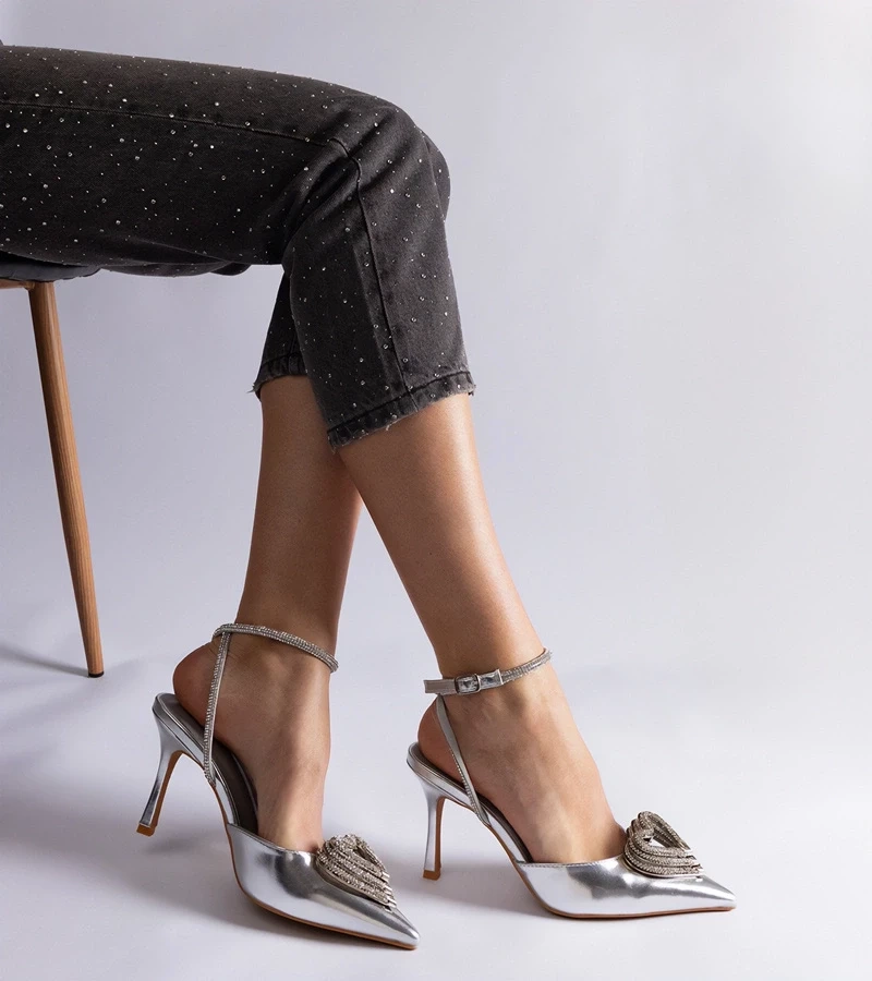 Gemre Pantofi cu toc argintii cu vârf deschis decorați cu zirconii Isoda