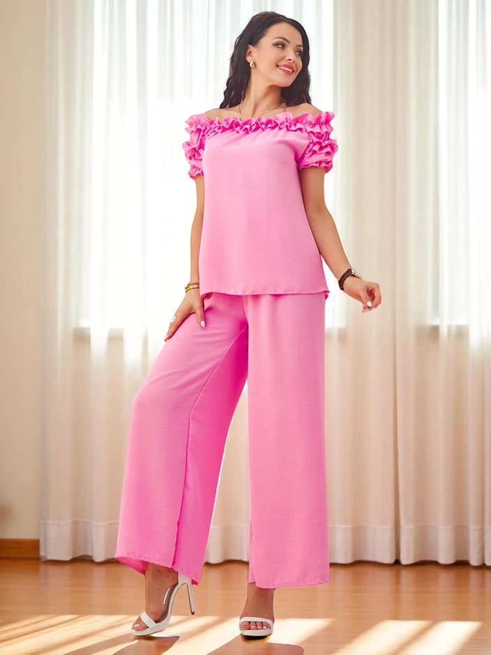 Resti Women's set with an off-the-shoulder blouse with short sleeves and decorative neckline, and flared pants
