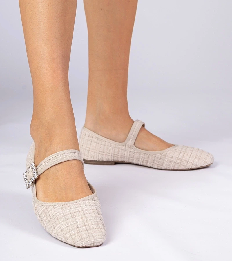 marka niezdefiniowana Beige women's ballet flats with buckle and crystals Piona