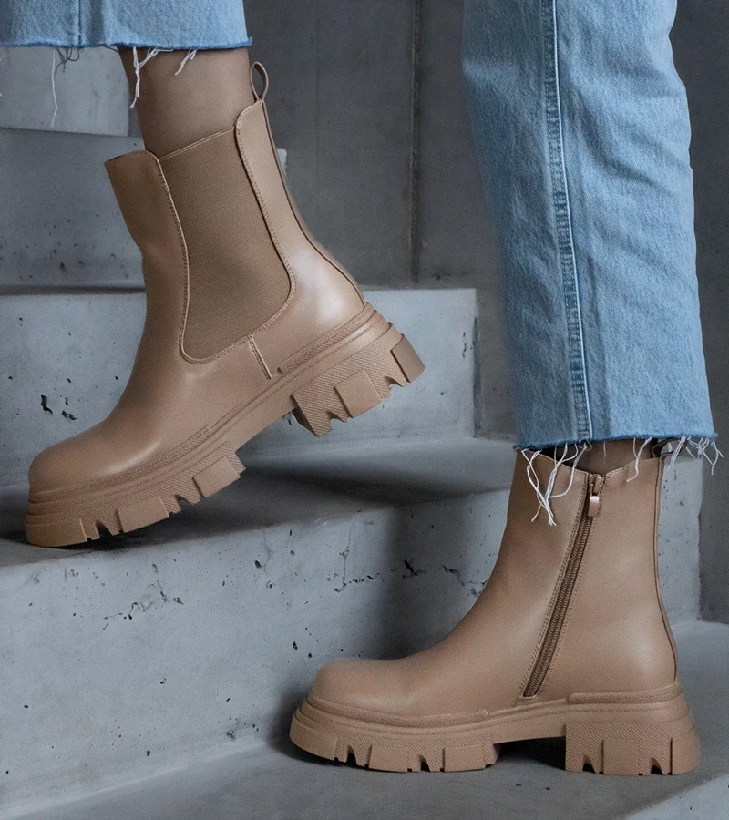 Gemre Botine bej îmblănite cu fermoar piele ecologică Amaris