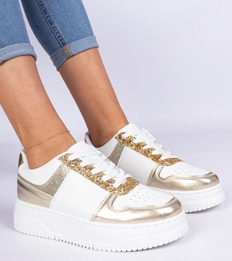 Gemre Adidași aurii de damă cu talpă groasă decorați cu sclipici Dolla