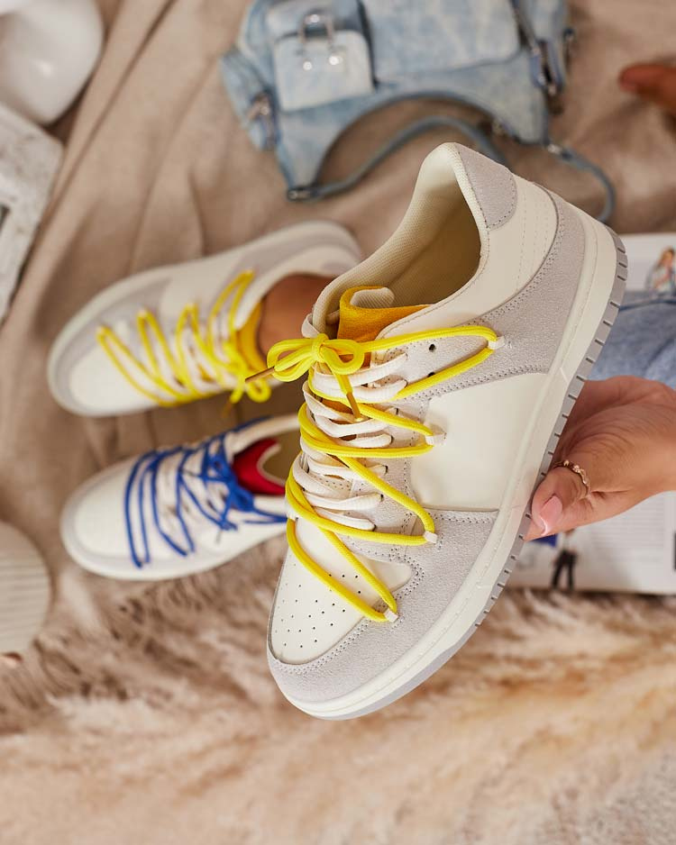 Resti White and gray women's sports sneakers with yellow laces Olierinc - Footwear