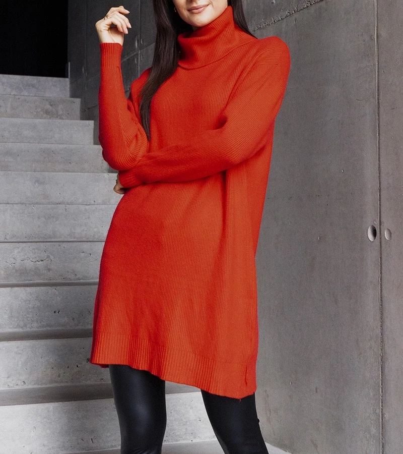 Gemre Pulover lung roșu moale cu guler înalt Kali