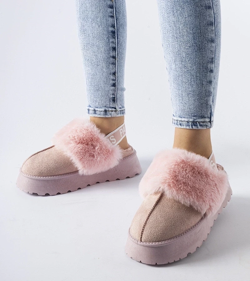 marka niezdefiniowana Pantofi de casă roz călduroși cu elastic și blană Sangro