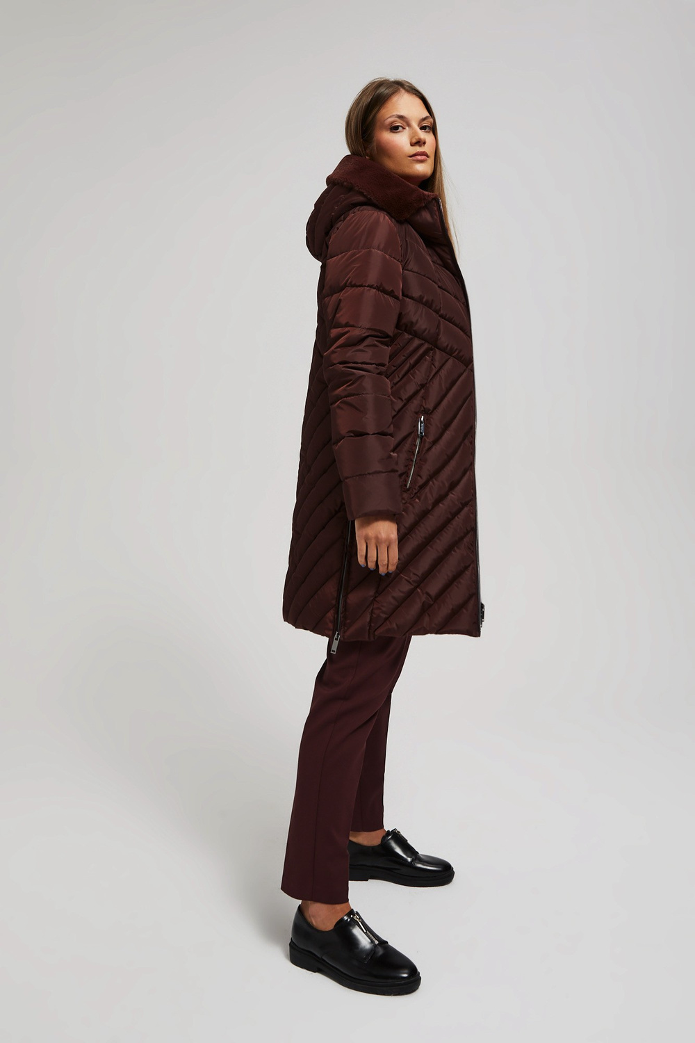 Marisse Long Quilted Jacket With Hood, Brown