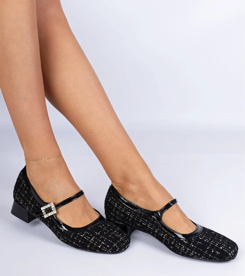 marka niezdefiniowana Black fabric finish pumps with rhinestones Mersitta