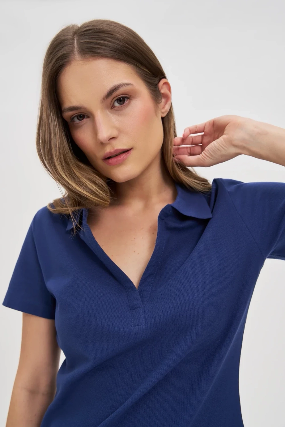 Marisse Navy Blue Cotton Blouse With A Collar