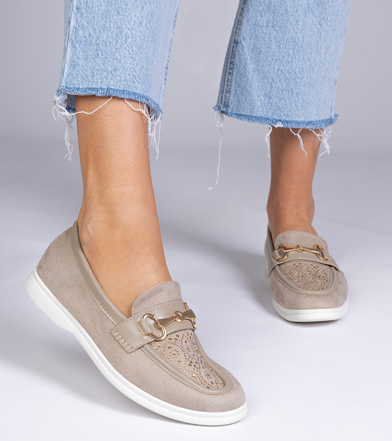 Gemre Mocasini crem din piele ecologică întoarsă cu strasuri Minilla