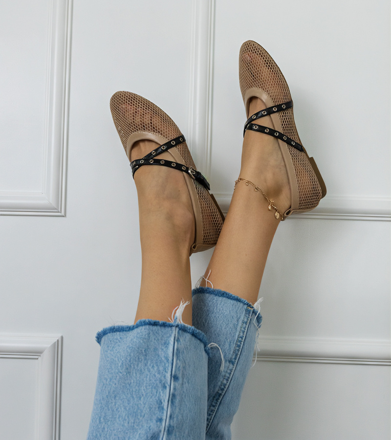 D/CEO Brown mesh ballet flats with decorative buckle Zerid