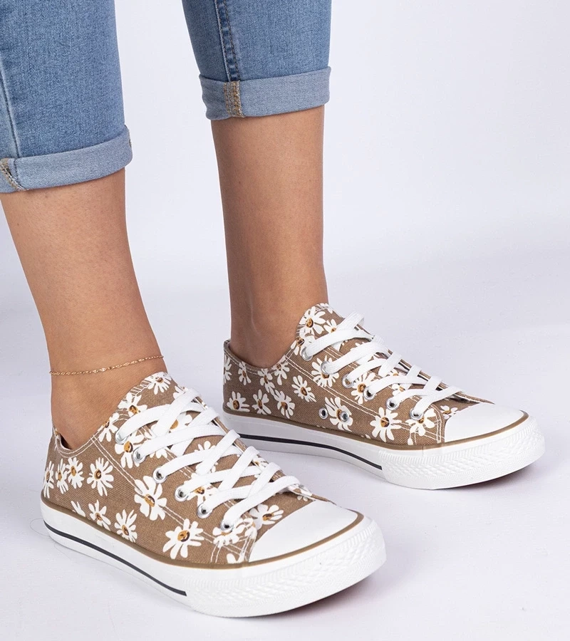 Gemre Teniși maro de damă din material cu floricele Lazates