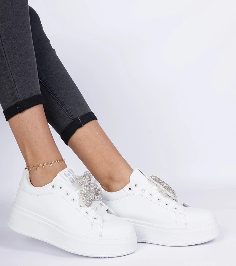 marka niezdefiniowana White women's sneakers decorated with a rhinestone teddy Karrot