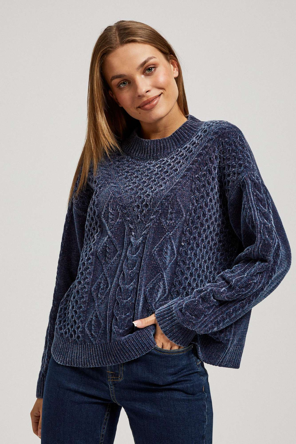 Marisse Navy Blue Sweater With Decorative Weave