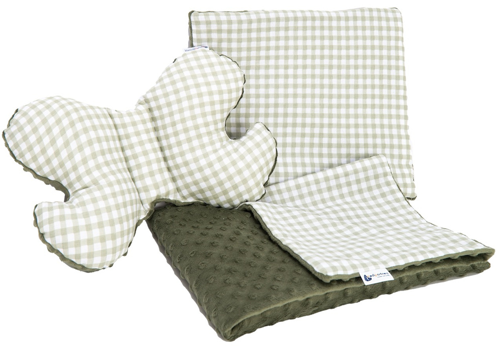 Medi Partners Set: Quilt with stroller pillow + butterfly – Checkered + green Minky