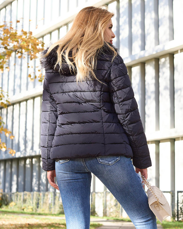 Resti Navy blue women's quilted jacket with hood and fur- Clothing