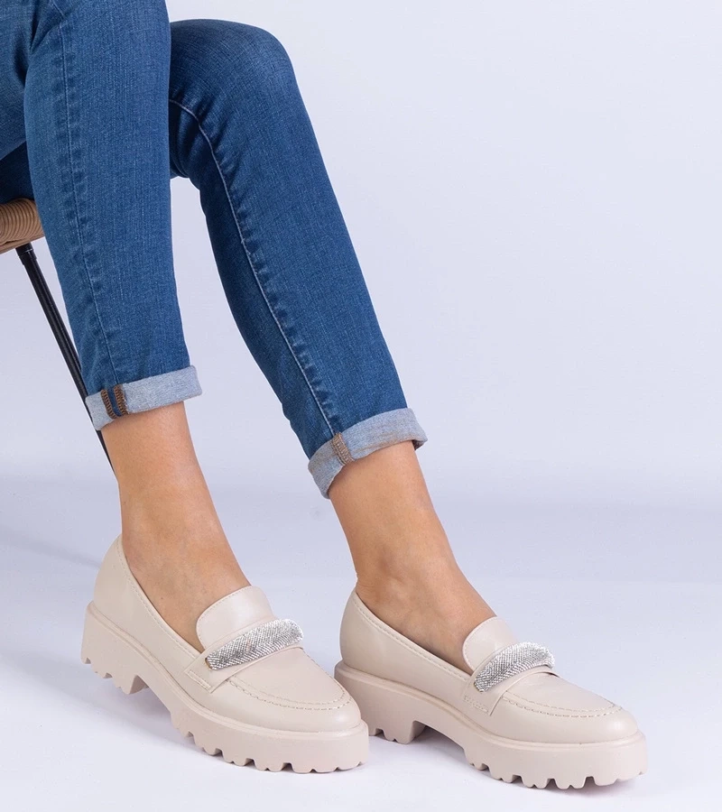 marka niezdefiniowana Beige womens loafers decorated with rhinestones Talentino