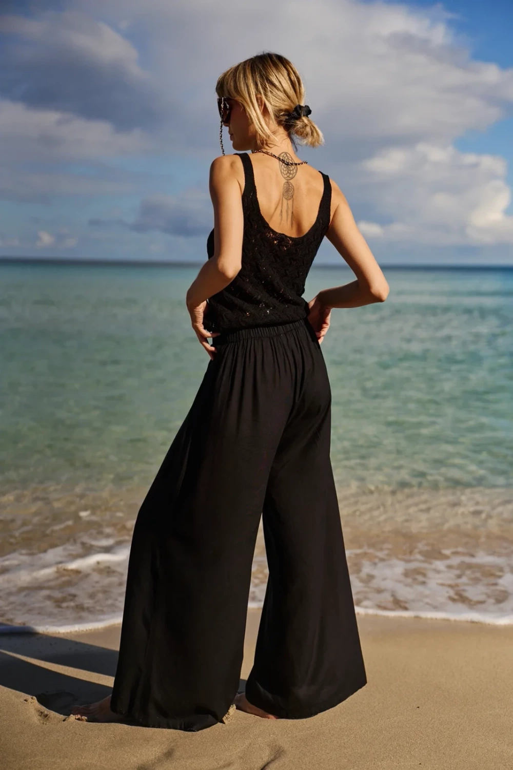 Marisse Viscose Wide-Leg Trousers, Black
