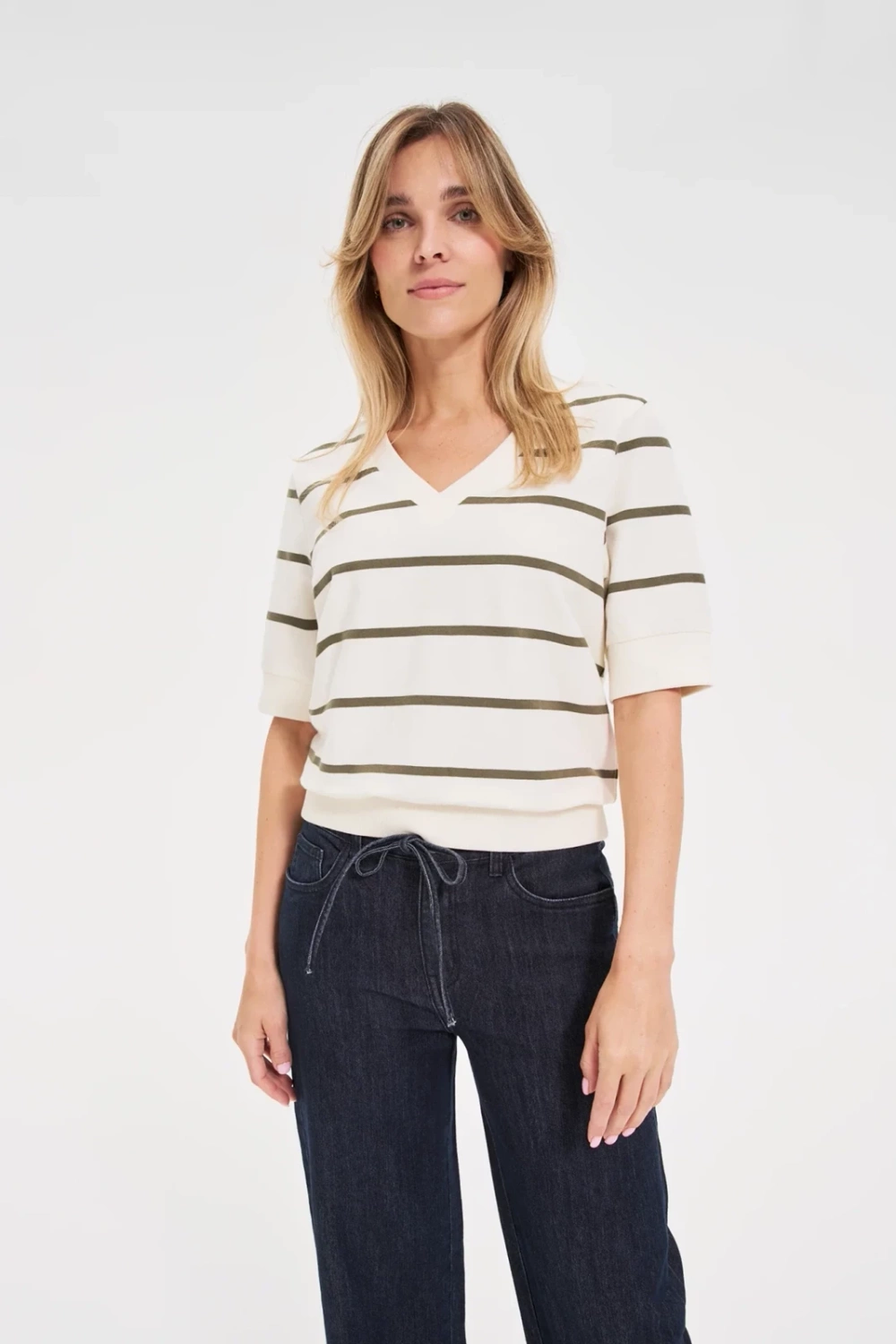 Marisse Striped Sweatshirt With Short Sleeves, Ecru